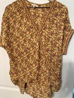 Max Studio Yellow Floral Wrap Top with Multicolor Blooms